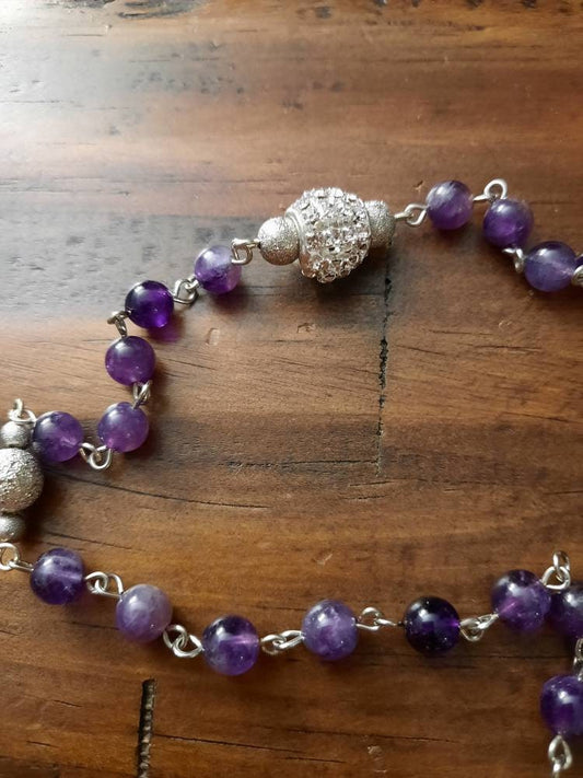 Amethyst Rosary: Gemstone Beads, Rhinestone Cross