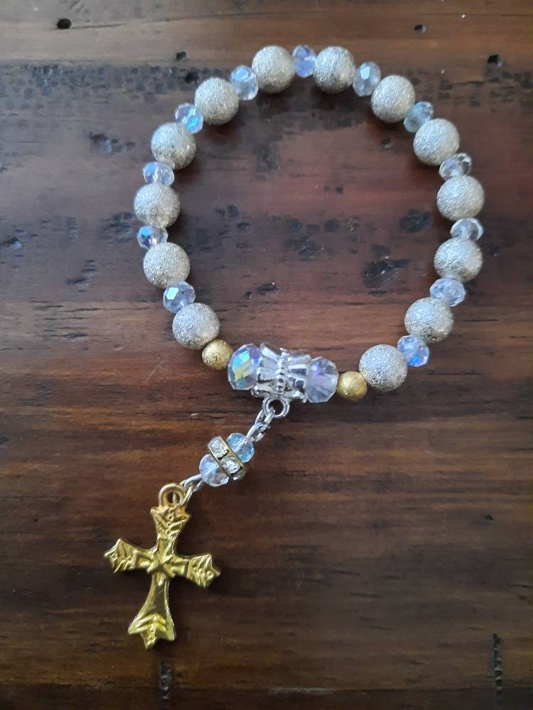 Baby's First Rosary Bracelet Baptism Silver and Crystals