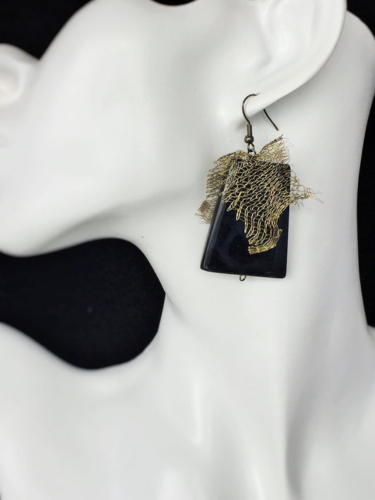 Large Black Agate Earrings with Metal mesh