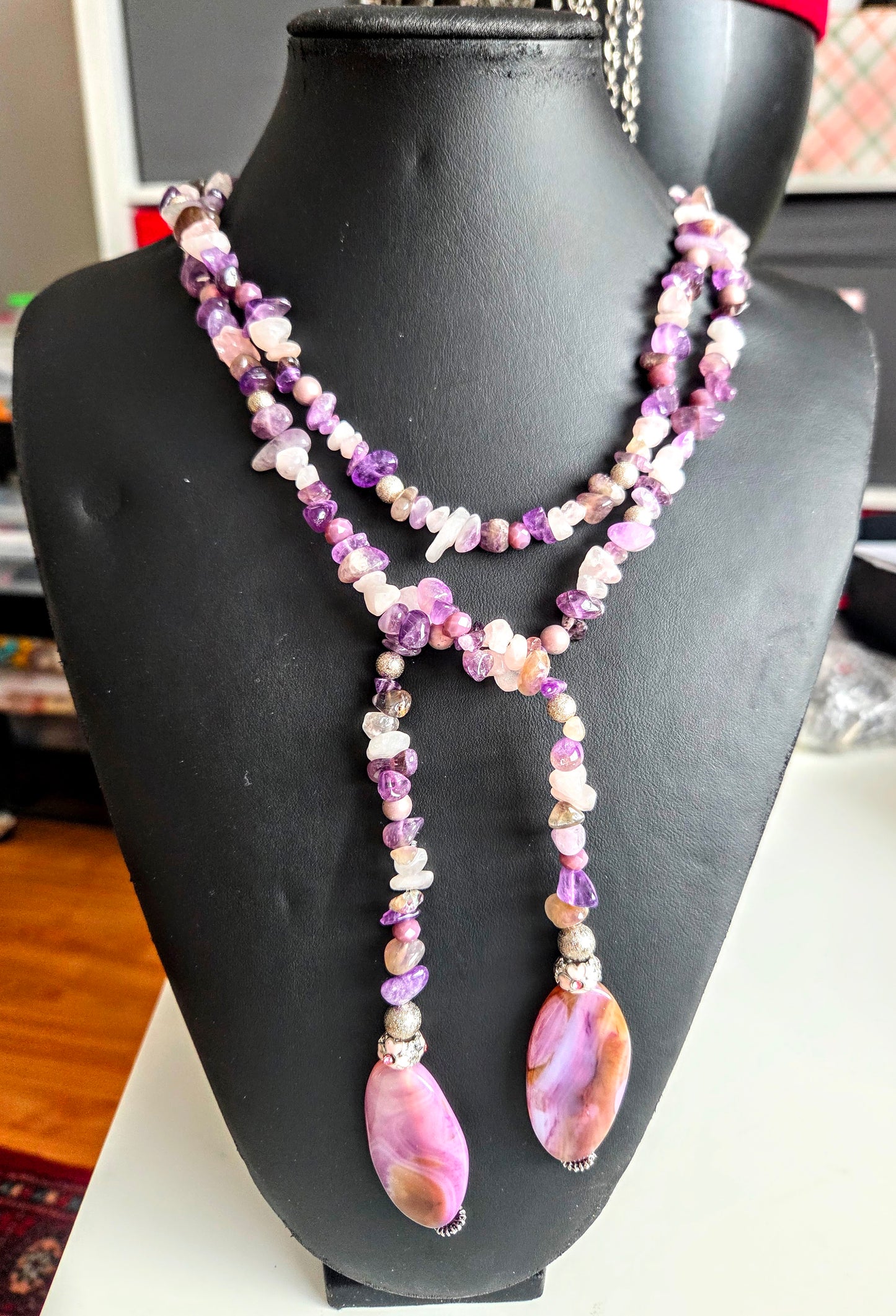 Amethyst & Quartz Statement Necklace with Agate Pendants
