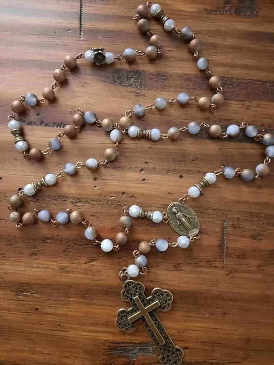 Druzy Agate Gemstone Rosary Brown Cross