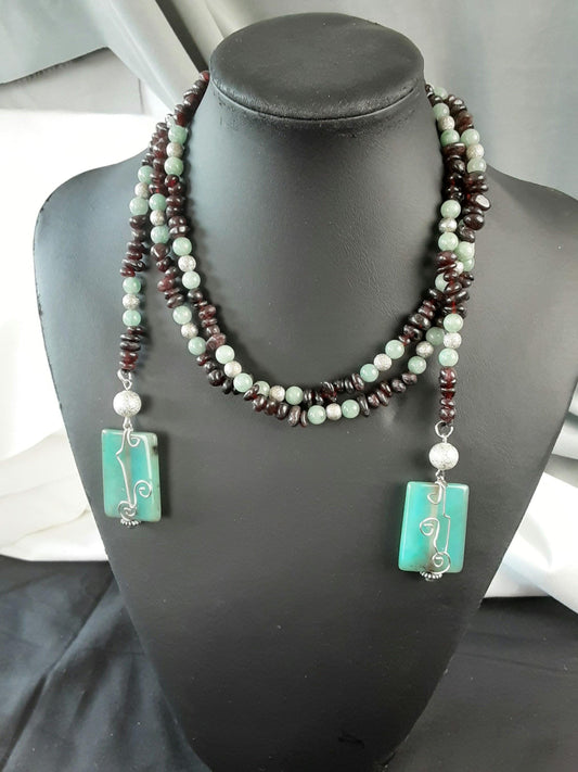 Garnet & Jade Statement Necklace with Agate Pendants