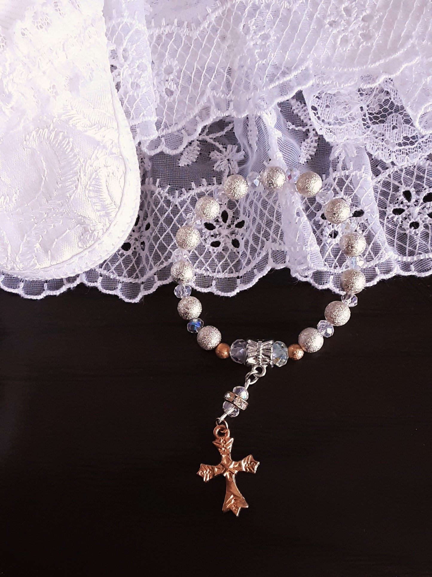 Baby's First Rosary  Bracelet Baptism Silver and Crystals