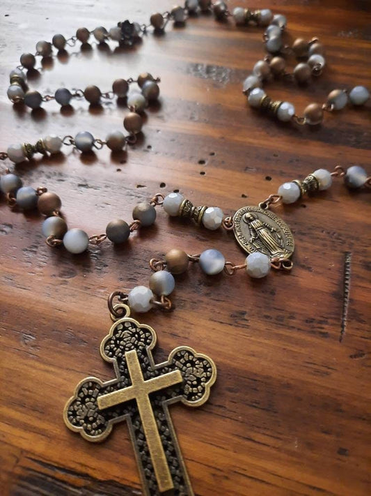 Druzy Agate Gemstone Rosary Brown Cross