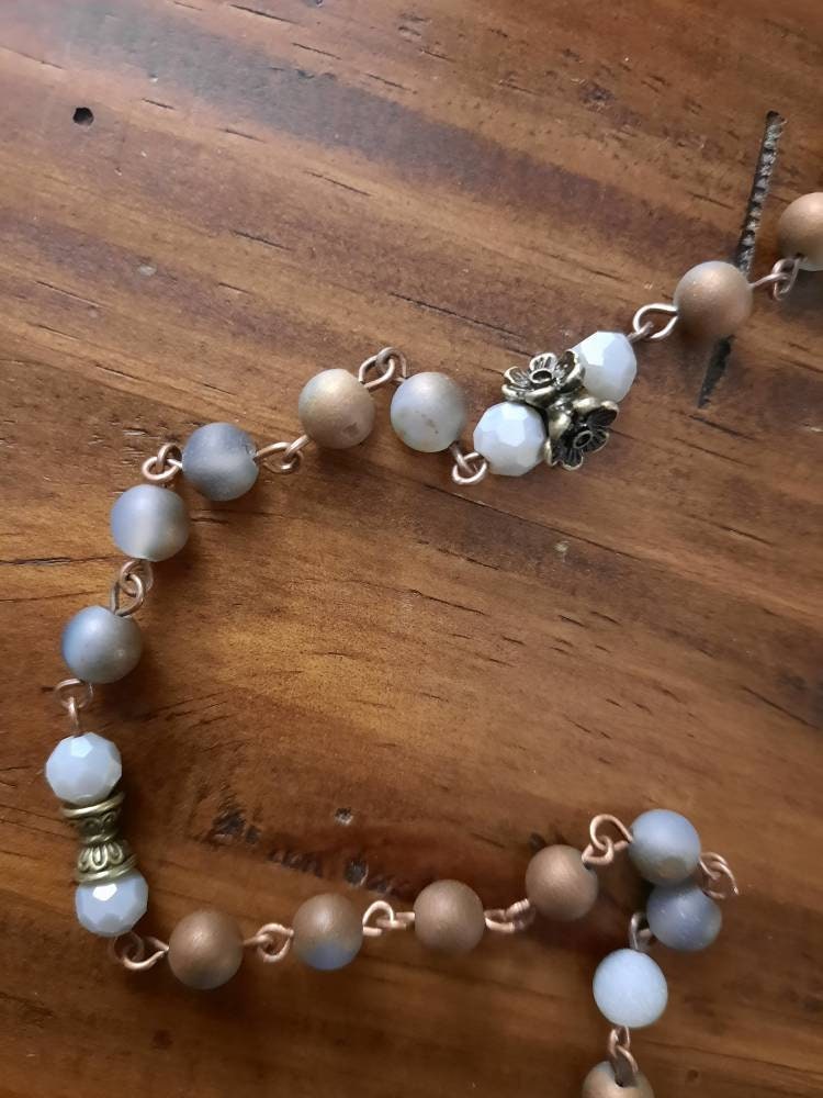 Druzy Agate Gemstone Rosary Brown Cross