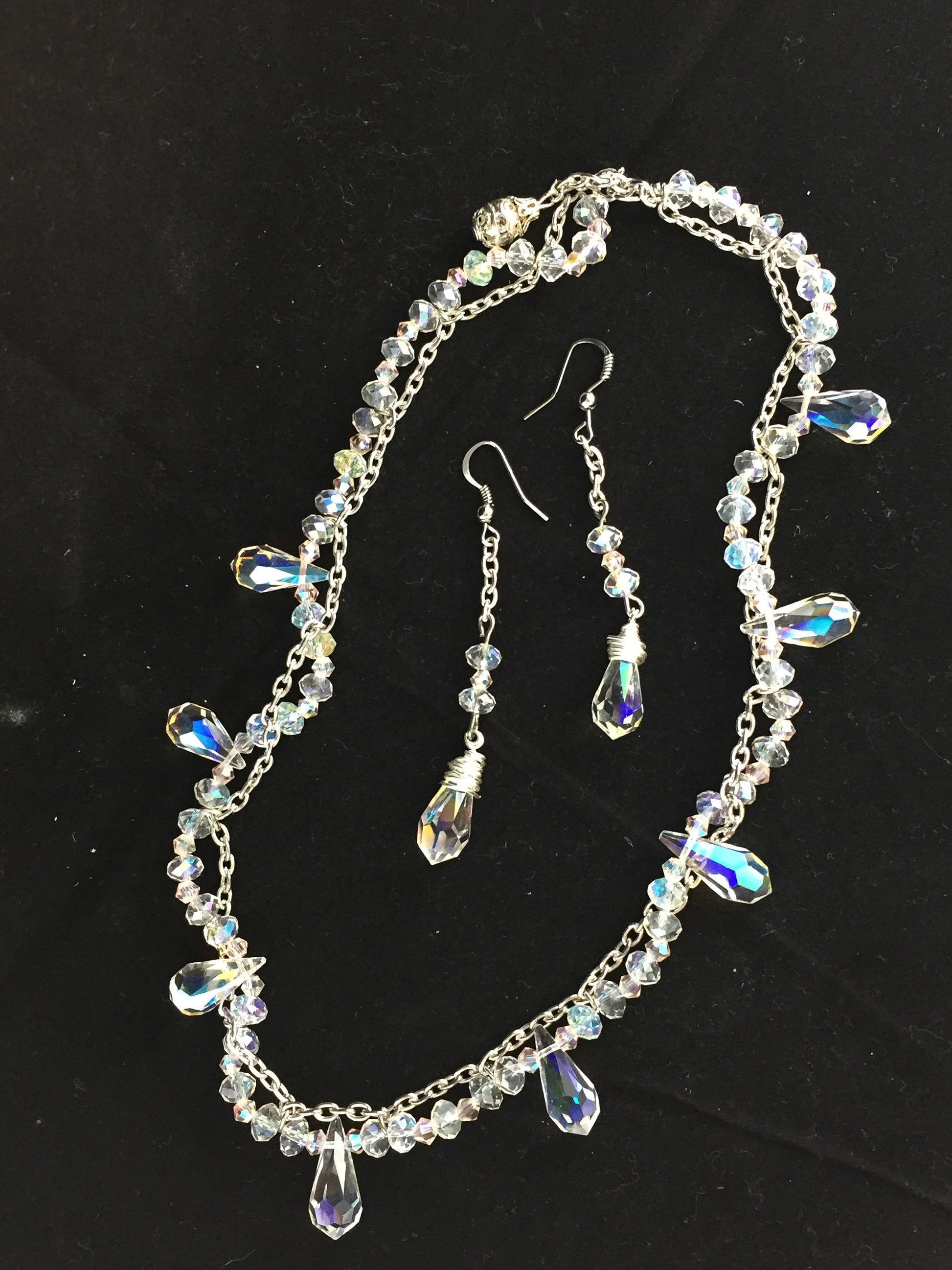 Bridal Crystals and Chain Necklace Earring Set - Handmade
