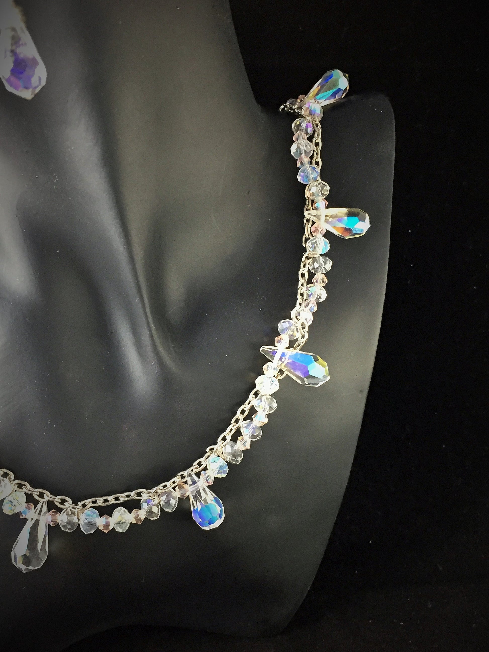 Bridal Crystals and Chain Necklace Earring Set - Handmade