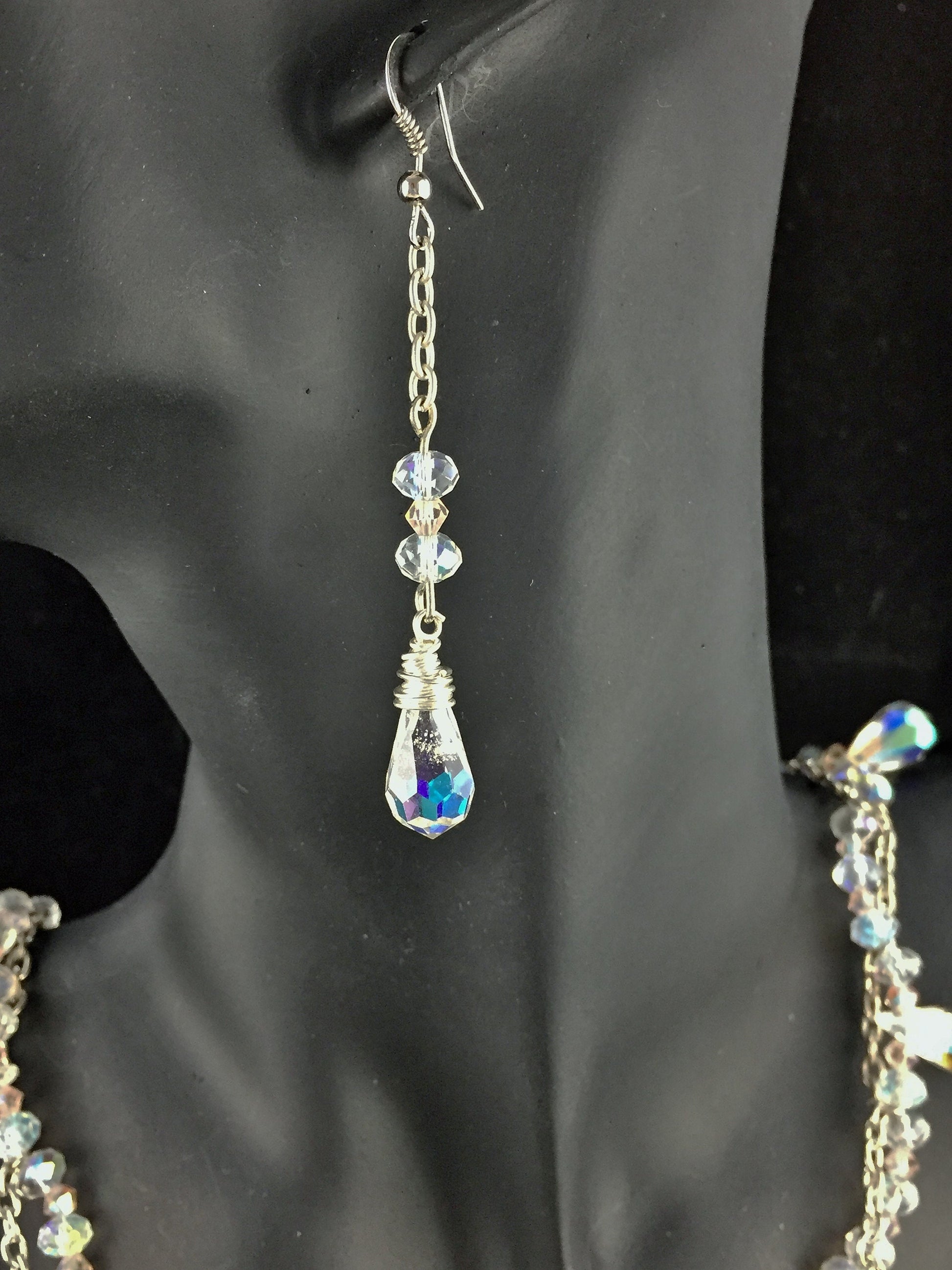 Bridal Crystals and Chain Necklace Earring Set - Handmade