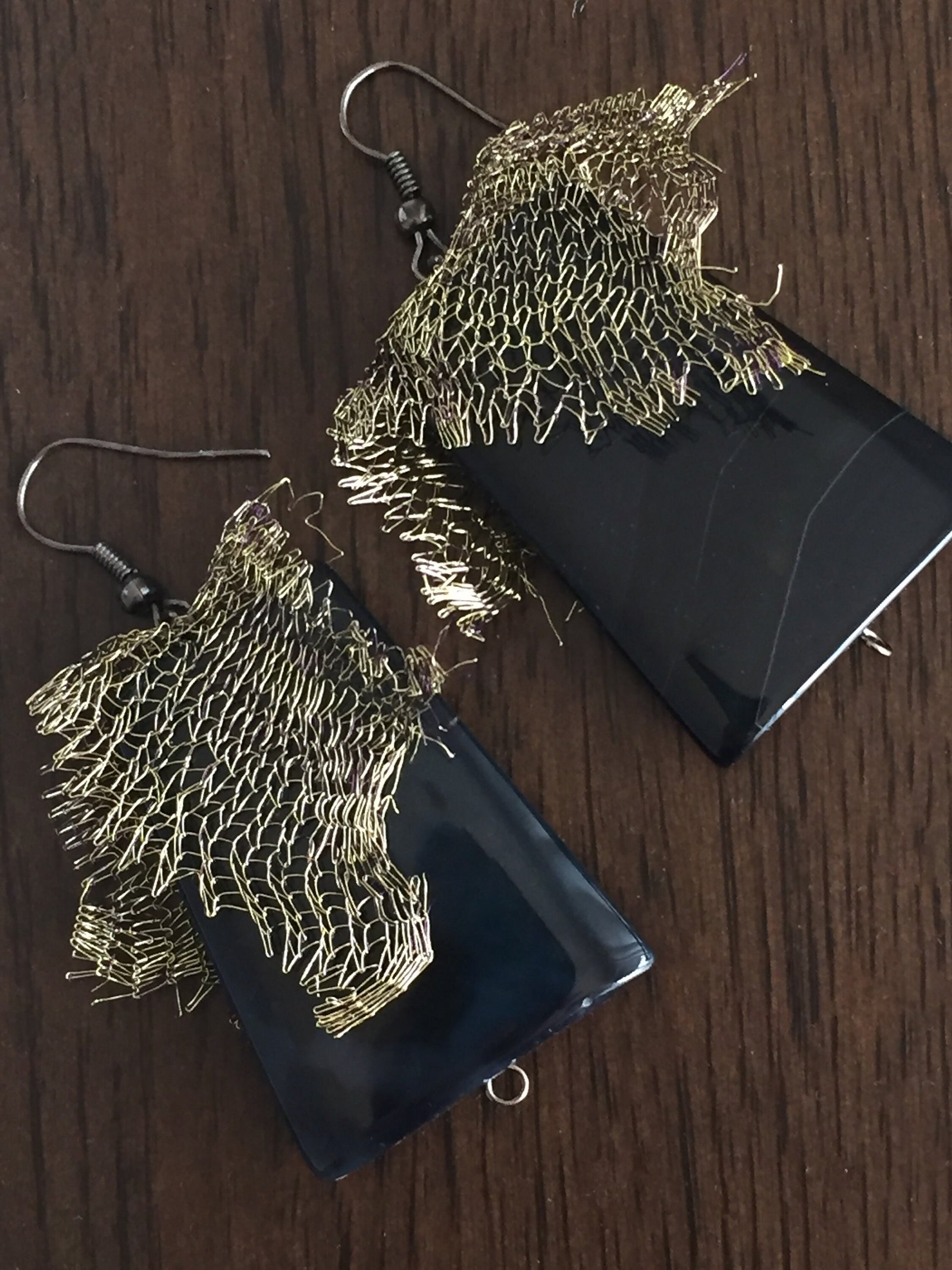 Large Black Agate Earrings with Metal mesh