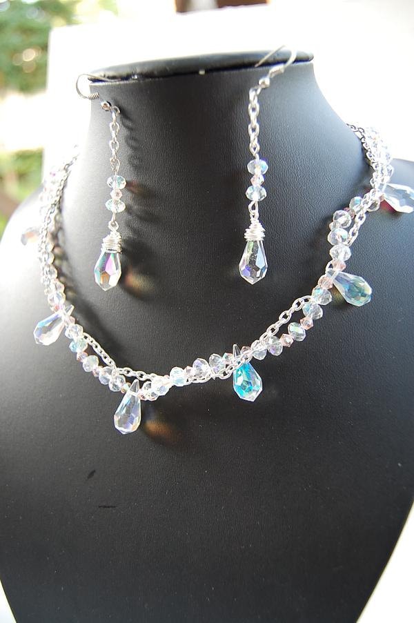 Bridal Crystals and Chain Necklace Earring Set - Handmade