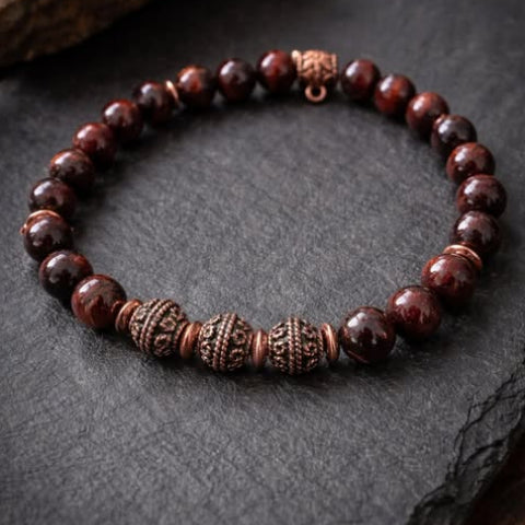 Bracelet with dark red beads and gold rose separators