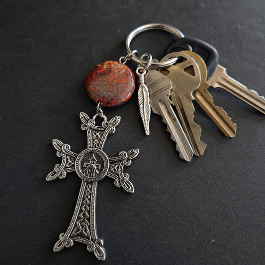 Armenian Khachkar Cross Keychain – Garnet, Rose Quartz, Agate or Turquoise Stone Faith Gift