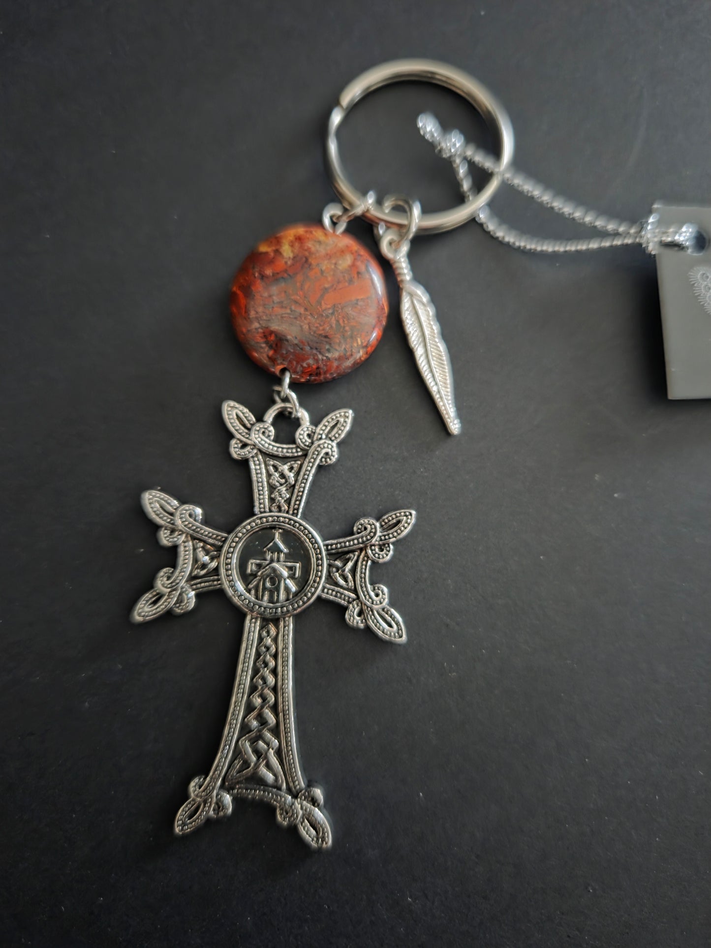 Armenian Khachkar Cross Keychain – Garnet, Rose Quartz, Agate or Turquoise Stone Faith Gift