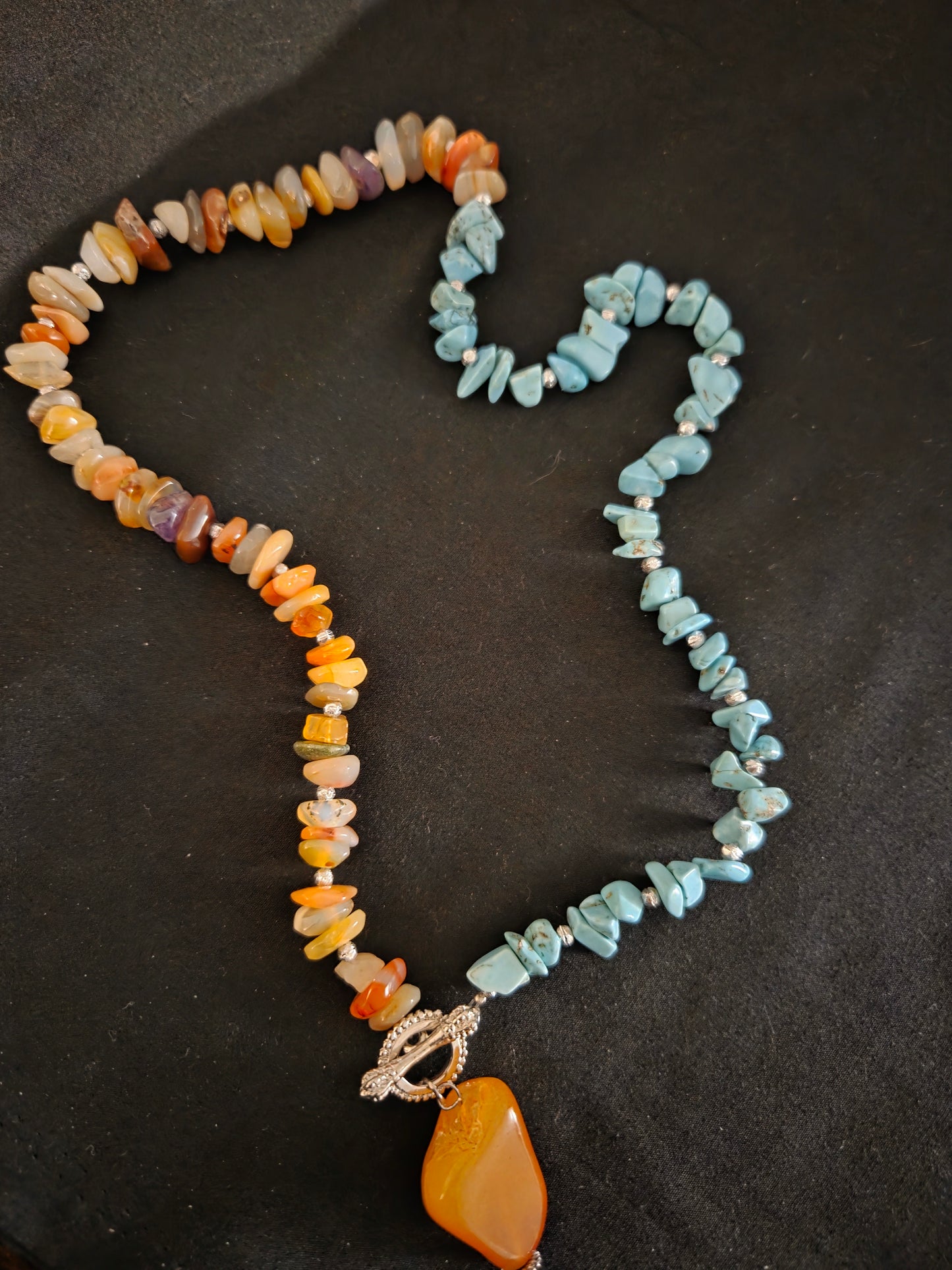 One-of-a-Kind Mixed Gemstone & Turquoise Necklace with Carnelian Pendant