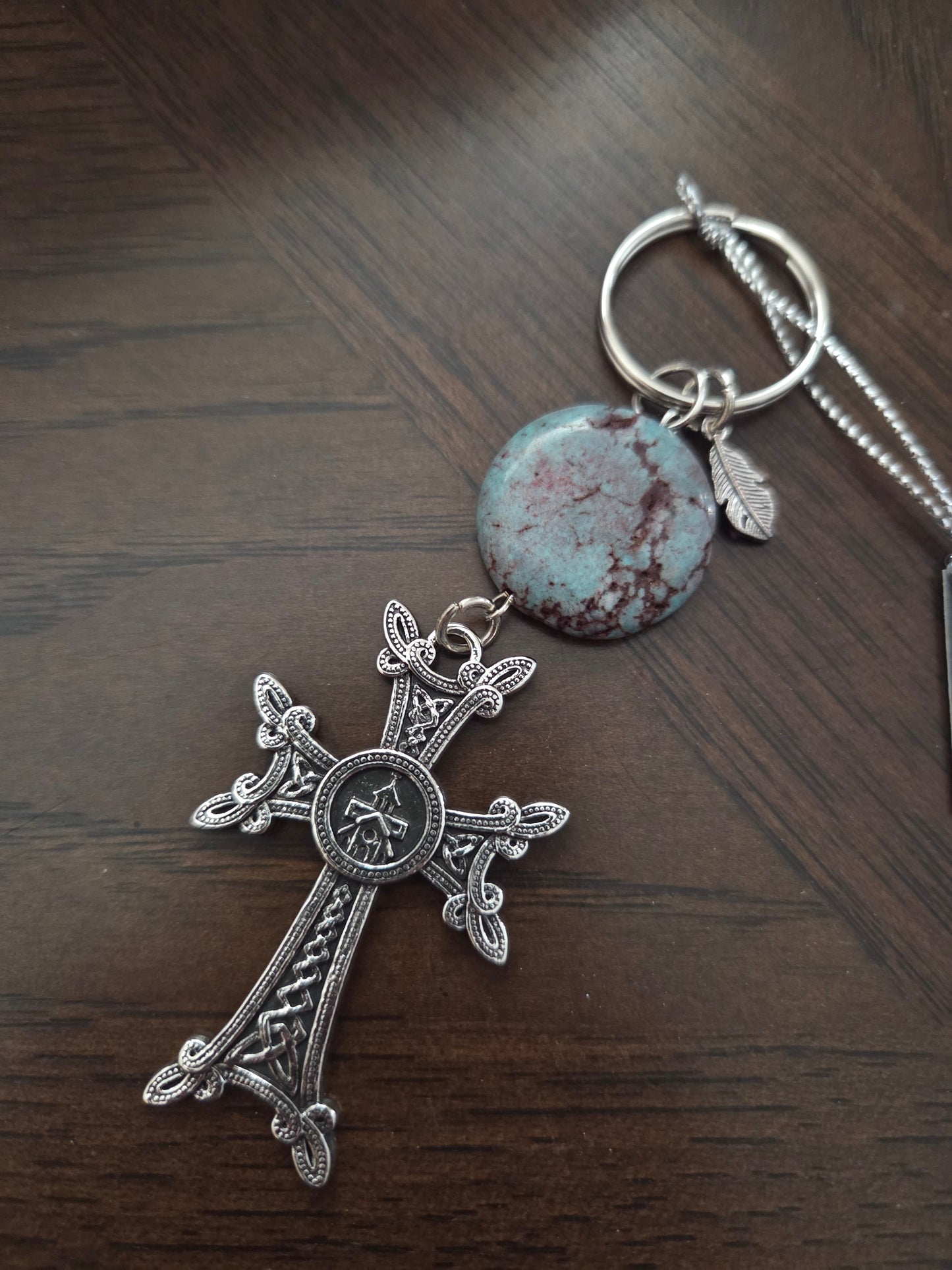 Armenian Khachkar Cross Keychain – Garnet, Rose Quartz, Agate or Turquoise Stone Faith Gift
