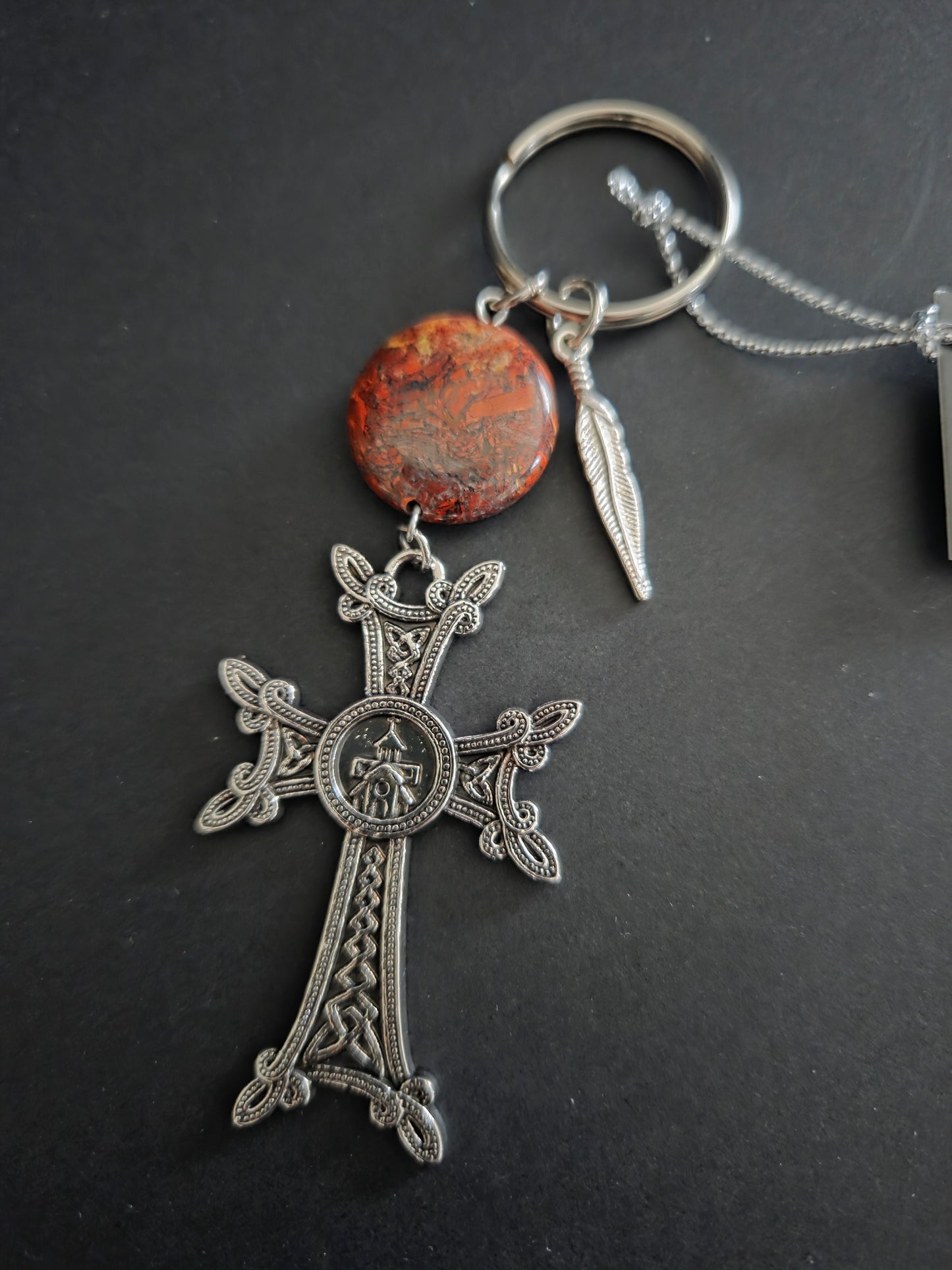 Armenian Khachkar Cross Keychain – Garnet, Rose Quartz, Agate or Turquoise Stone Faith Gift