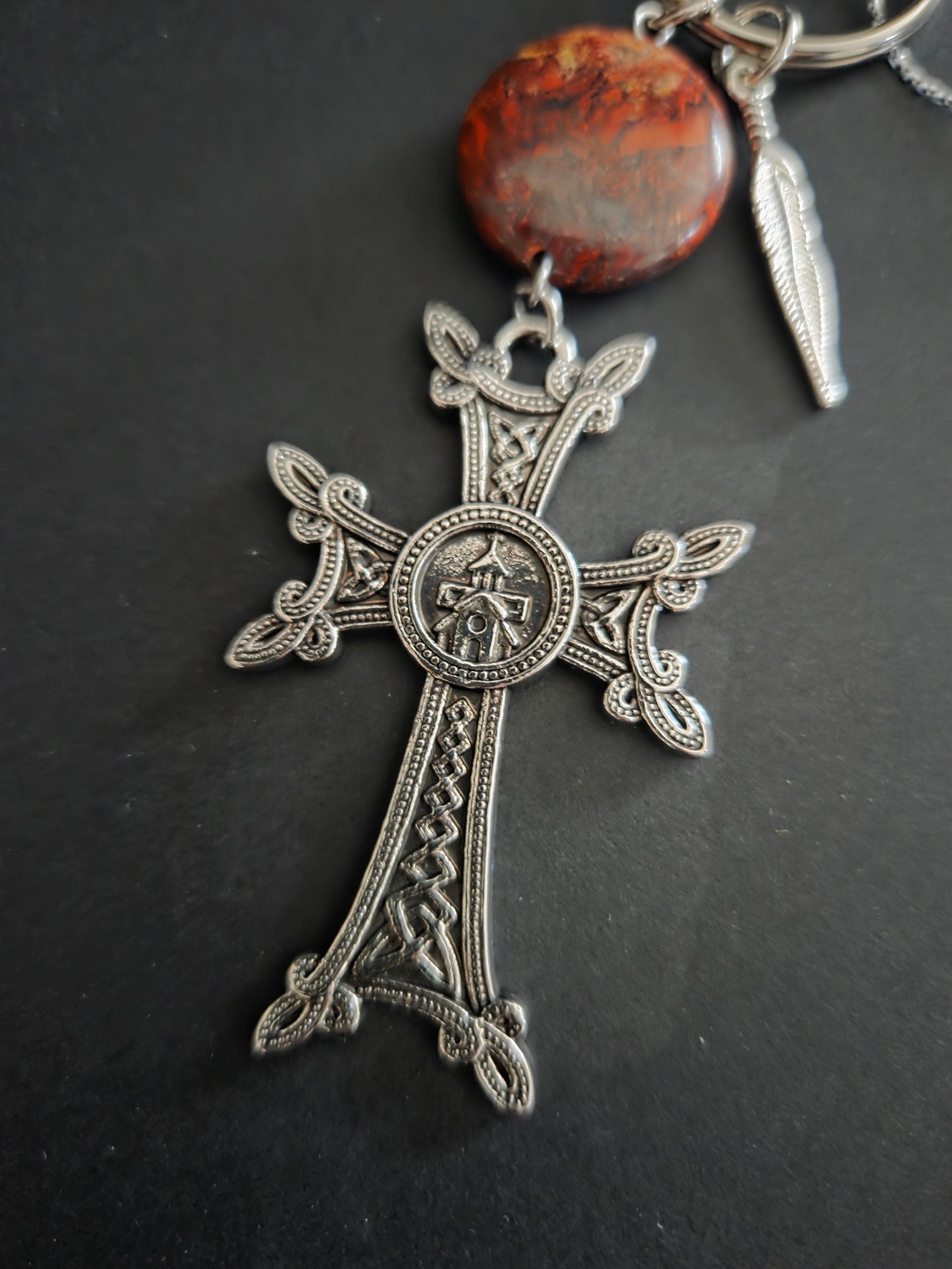 Armenian Khachkar Cross Keychain – Garnet, Rose Quartz, Agate or Turquoise Stone Faith Gift