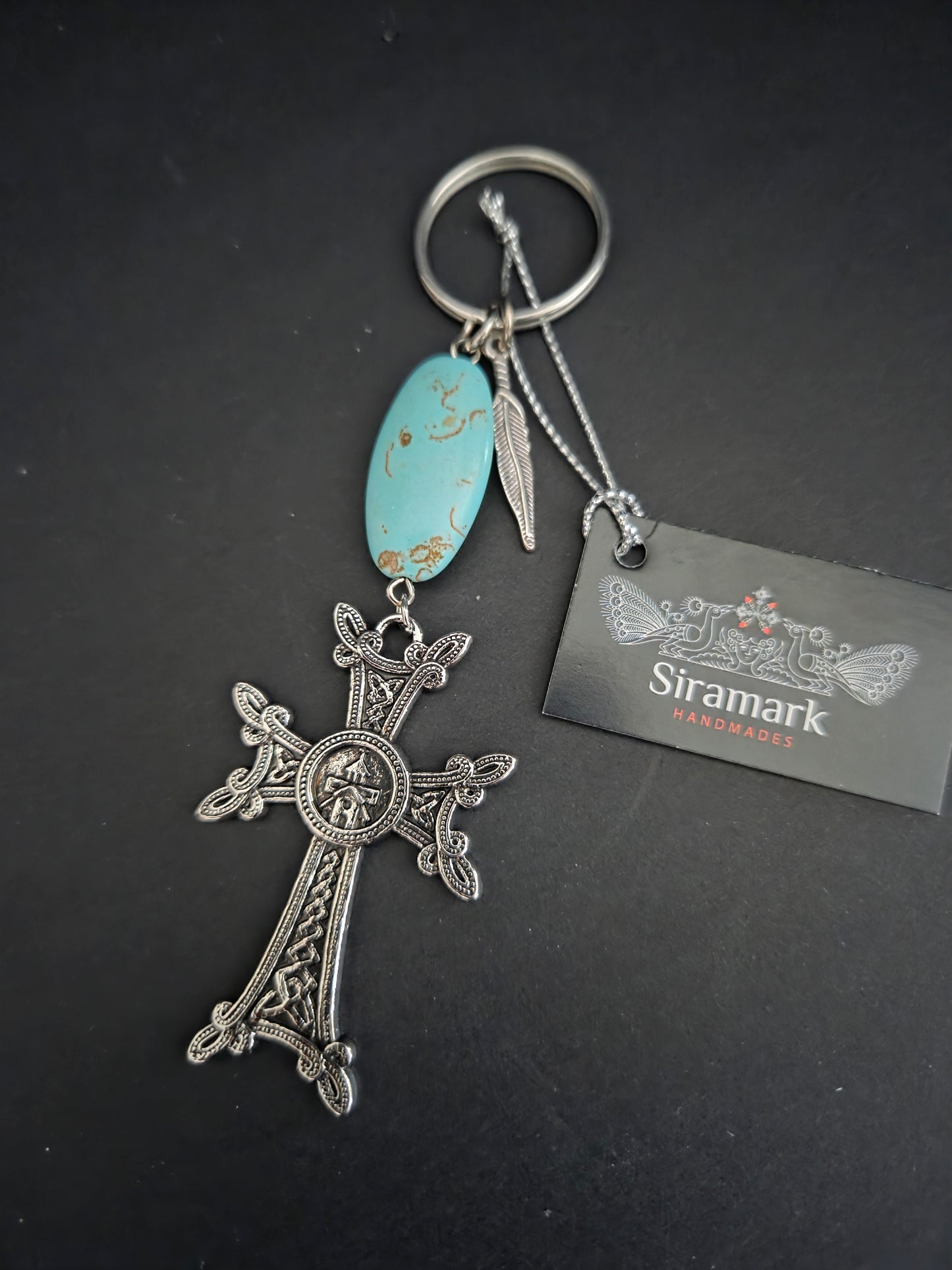 Armenian Khachkar Cross Keychain – Garnet, Rose Quartz, Agate or Turquoise Stone Faith Gift