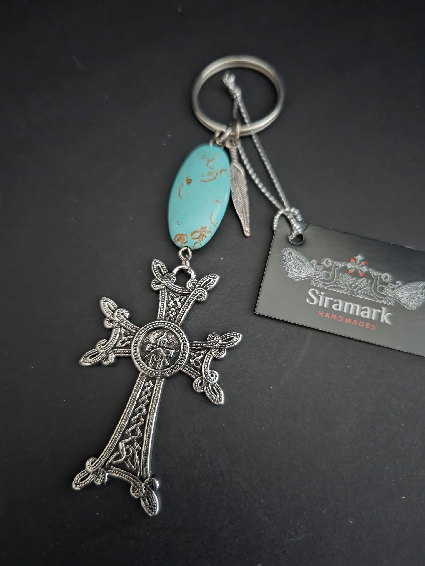 Armenian Khachkar Cross Keychain – Garnet, Rose Quartz, Agate or Turquoise Stone Faith Gift