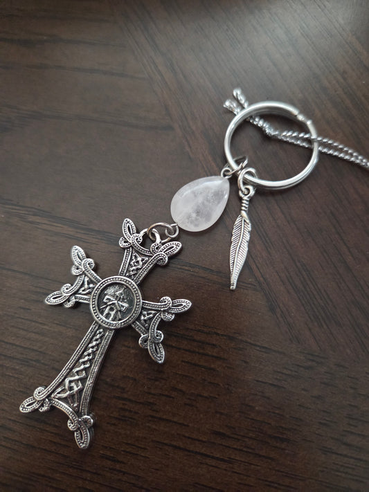Armenian Khachkar Cross Keychain – Garnet, Rose Quartz, Agate or Turquoise Stone Faith Gift