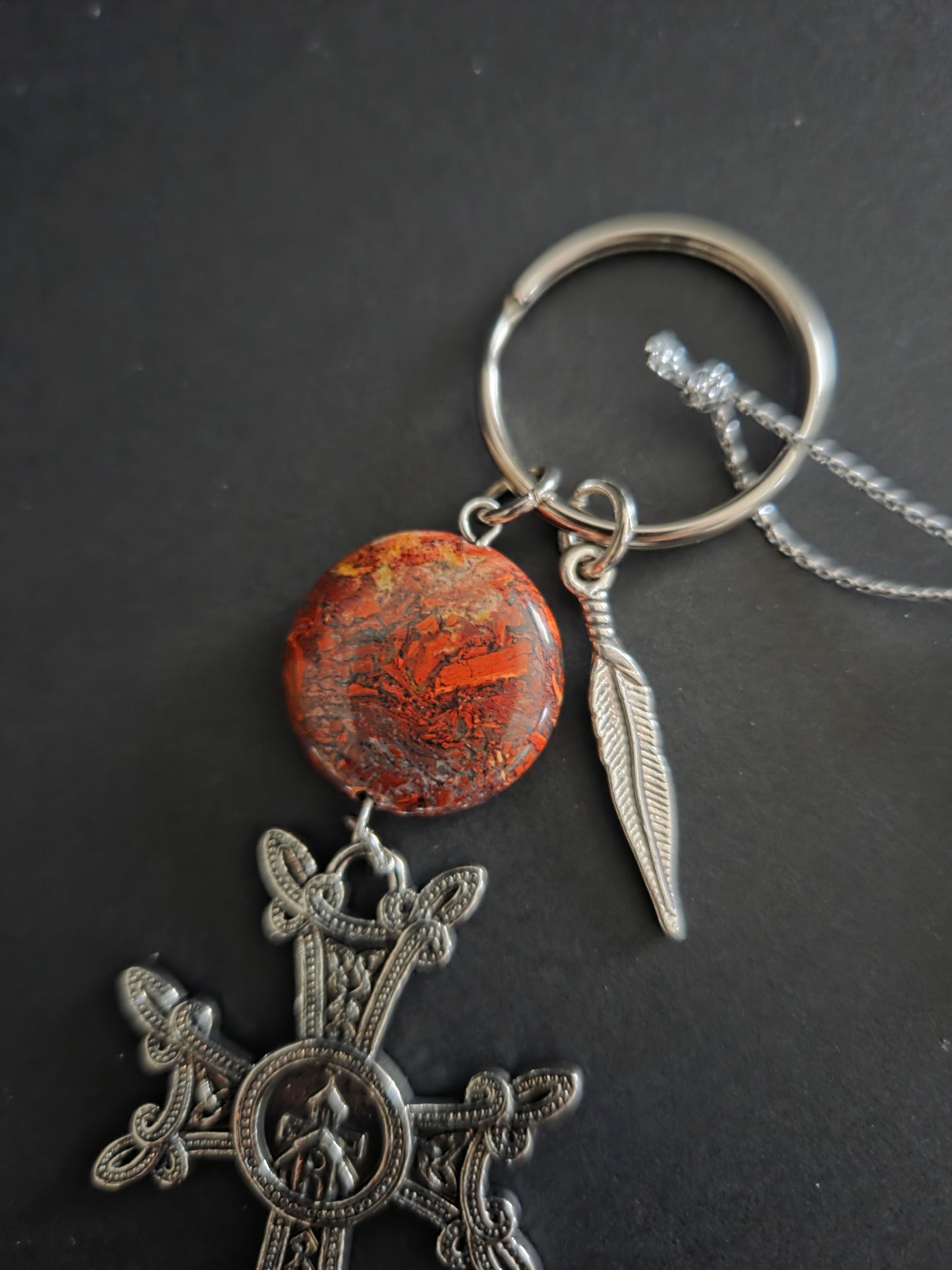 Armenian Khachkar Cross Keychain – Garnet, Rose Quartz, Agate or Turquoise Stone Faith Gift